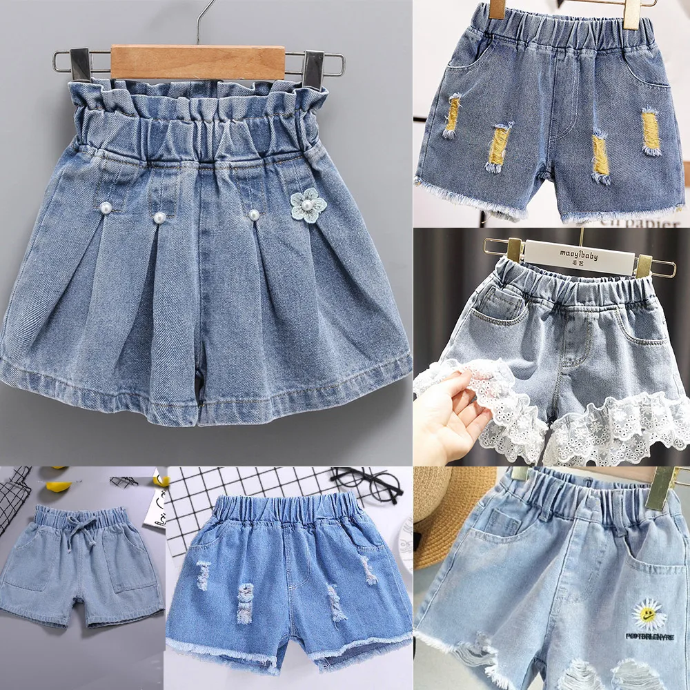 Girl Summer Shorts Casual Denim Pleated Britches Fashion 2024 Pants Comfortable Hot Trousers Korean Style Kid Jeans 3 4 6 8 10Yr