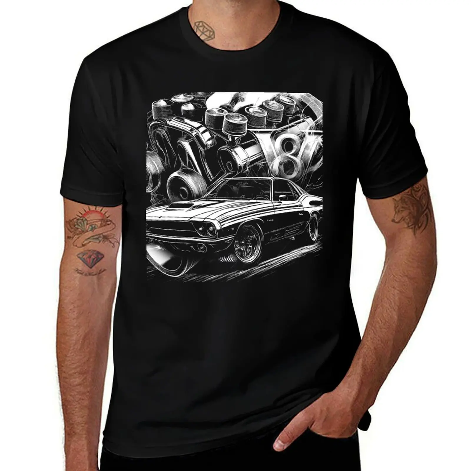 Muscle Car V8 Draw Illustration Black and White Sketch T-Shirt custom shirt gifts for boyfriend men clothing