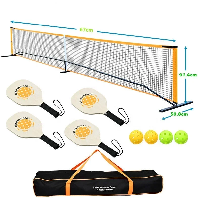 

Портативный набор сеток и мячей Pickleball Paddle (в комплект входит отдельно стоящий металлический каркас и сетка + 4 деревянных весла + 4 мяча с сумкой для переноски
