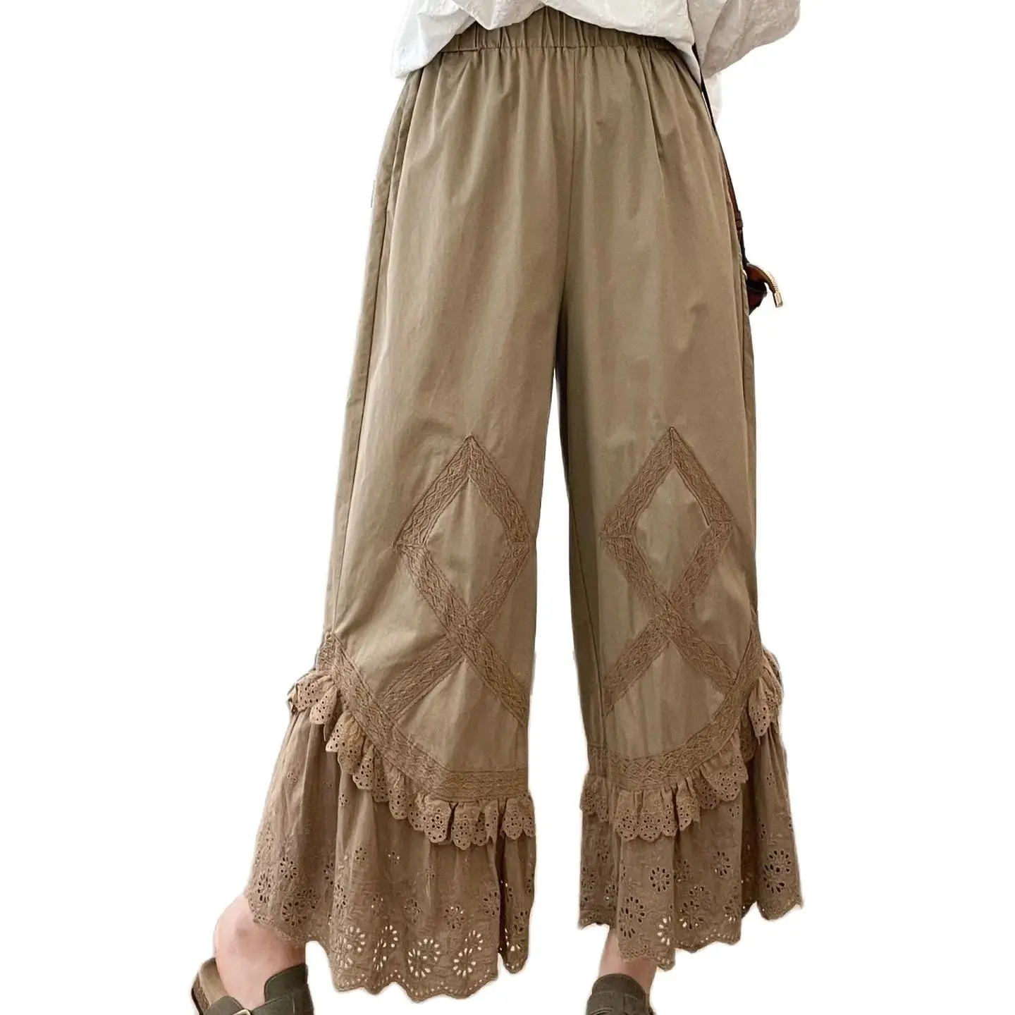 Small Bell-Bottom Pants Lace Webbing Double-Layer Lace Casual Embroidered Forest Sweet High-Waisted Wide-Leg Pants For Women