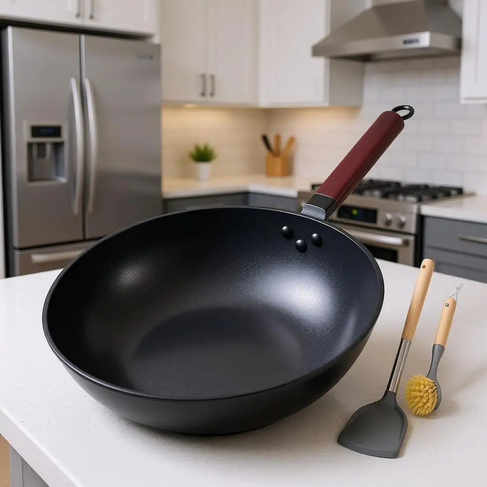 

13-дюймовый предварительно обработанный вок из углеродистой стали с крышкой и щеткой для чистки — с антипригарным покрытием, подходит для всех типов плит