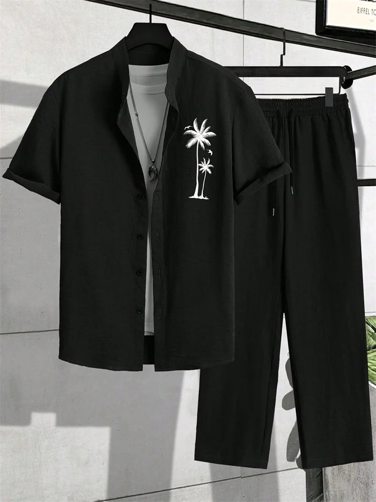 

2025 autumn new coconut tree 3D printed men's shirt 2pcs set, urban street fashion trendy long pants set, simple and casual