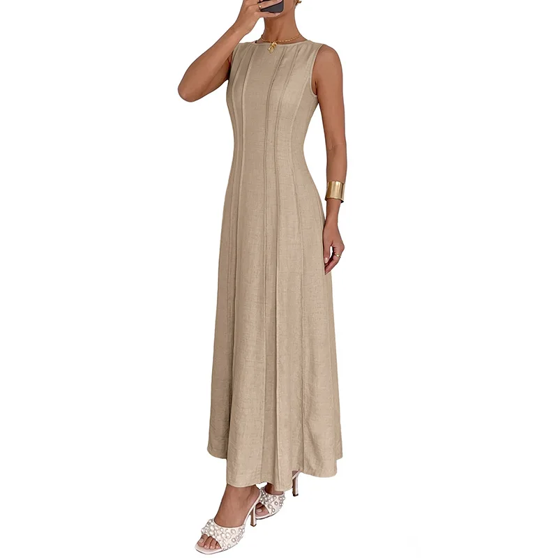 

2026 New Women's Vertical Striped Sleeveless Bodycon Maxi Dress Slim Fit Round Neck Long Dress for Office Party Vacation