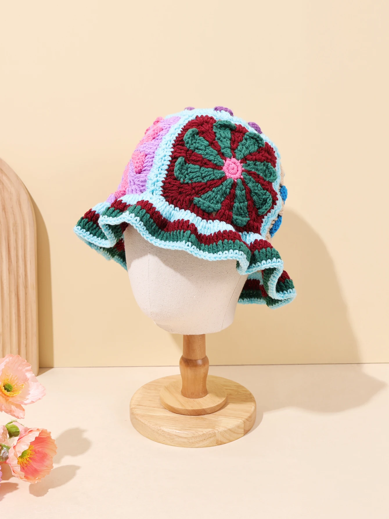قطعة واحدة "قبعة من الخيزران المنسوجة يدويًا على شكل زهرة متعددة الألوان عتيقة، بوهيمية عتيقة، مناسبة جدًا للتصفيف اليومي، #4