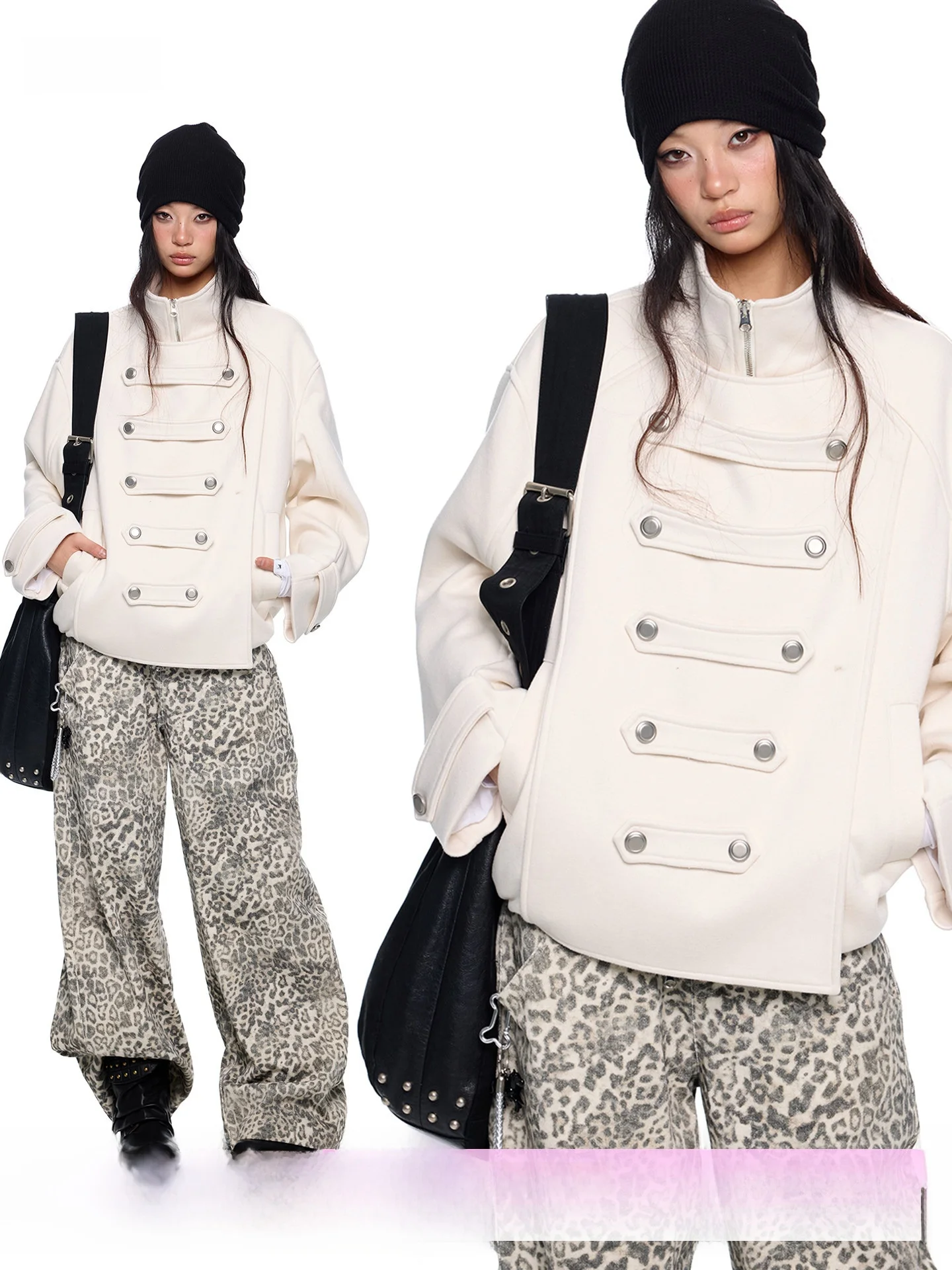 

EZEK Double-Faced Wool Loose Fit ort Coat Vintage Sle Women's Spring New Casual ape Dring Table Manner