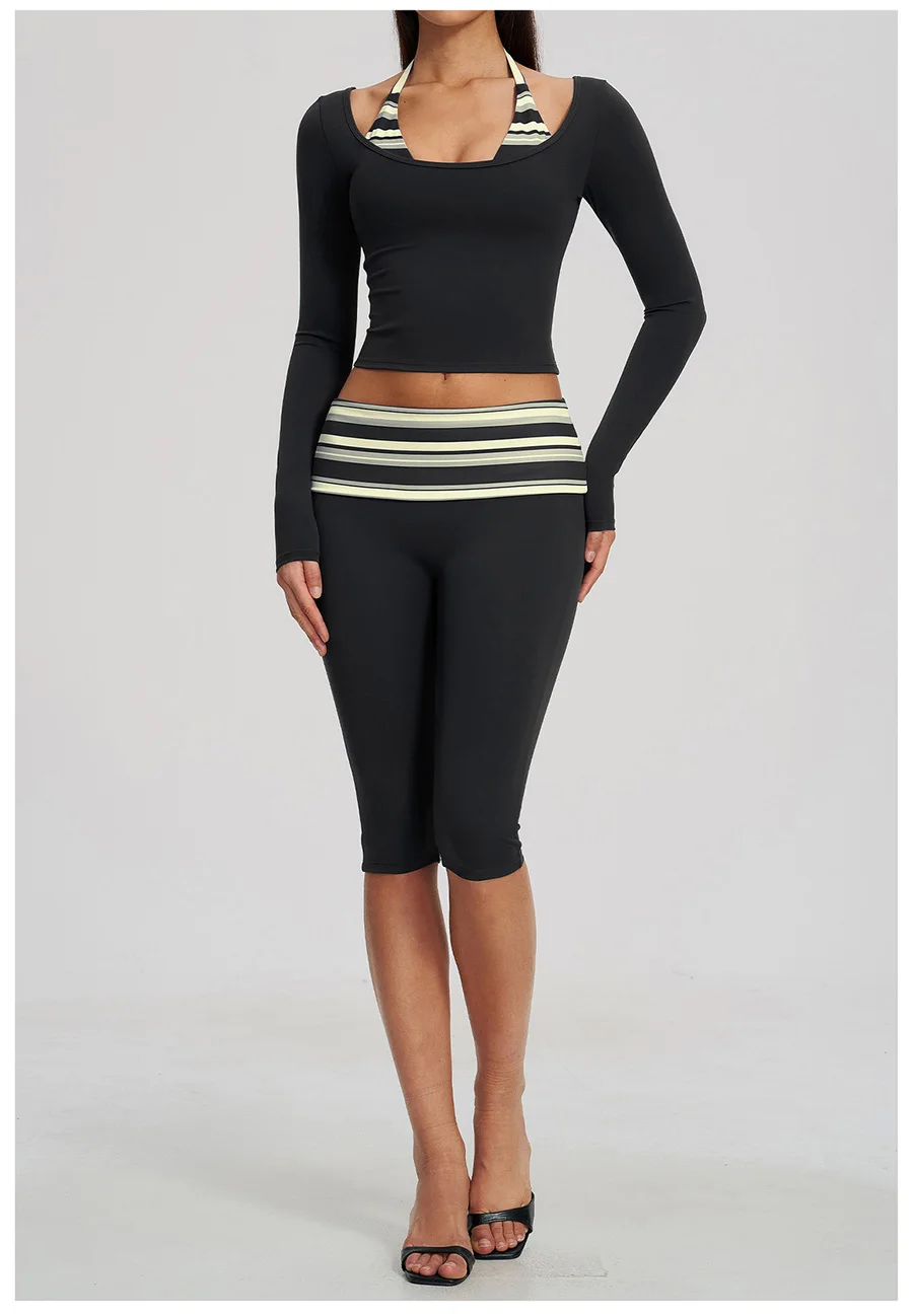 2-teiliges Yoga-Set, Damen-Trainingsanzug, modisches, gestreiftes Workout-Set, Gym-Shorts, Outfit, hochtailliert, Po-Lifting, lange Ärmel, Yoga-Kleidung – Detail 23