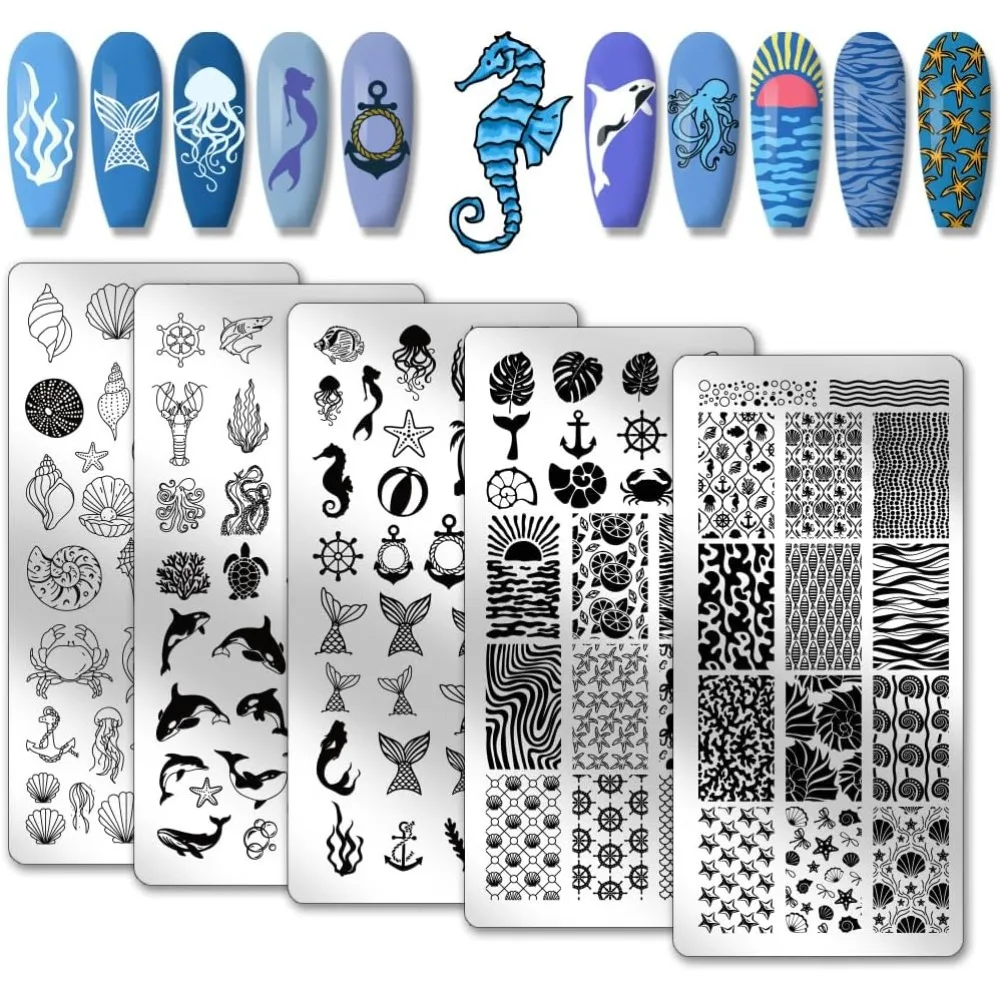 

5pcs Ocean Theme Nail Stamping Sea Creature Nail Art Templates Shell Starfish Nail Art Stencils Mermaid Dolphins Nail Plate