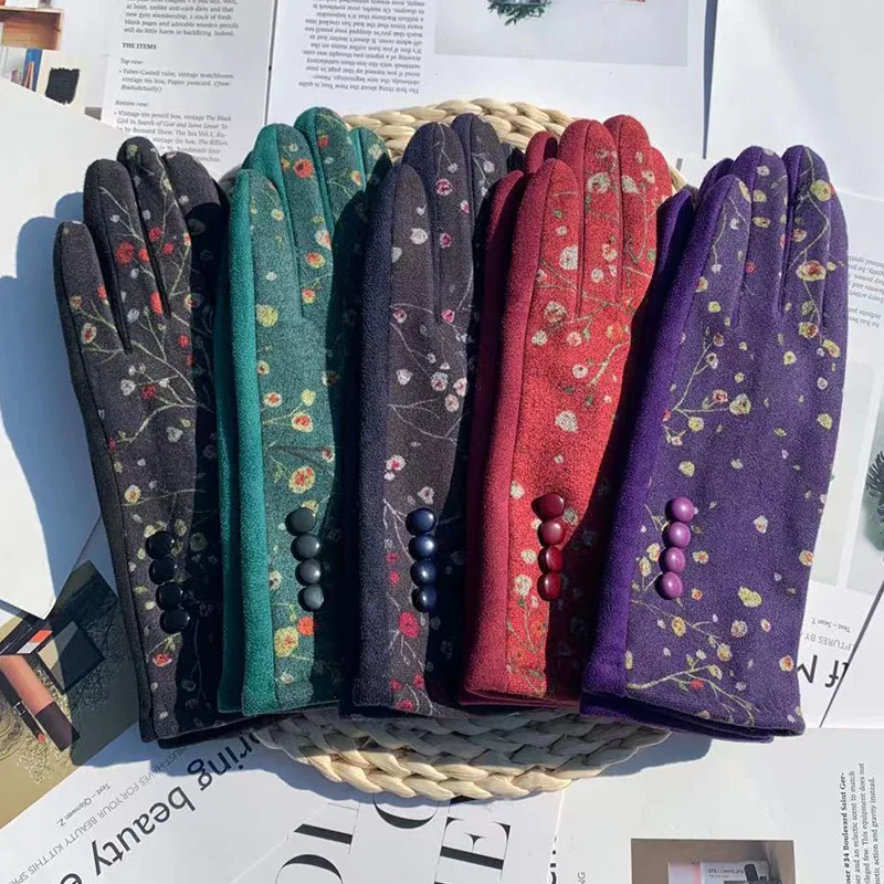 Guantes de flores para mujer, manoplas a prueba de viento, cálidas, no mullidas, bordadas, para viajes al aire libre, pantalla táctil, a la moda,