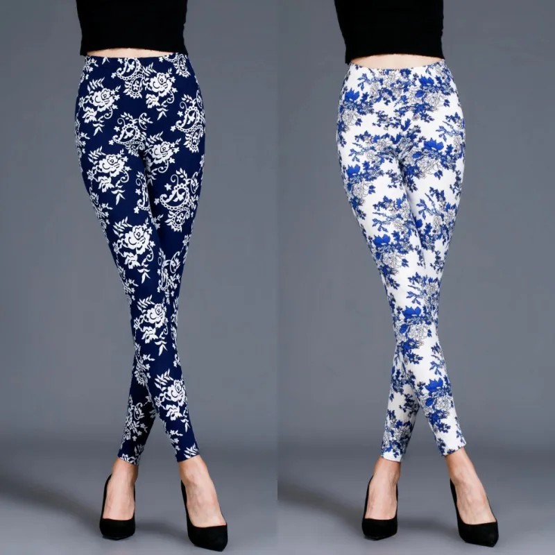 

Spring and Autumn Thin Blue and White Porcelain Diamond Flower Leggings, Soft Slim Fit Skinny Trousers