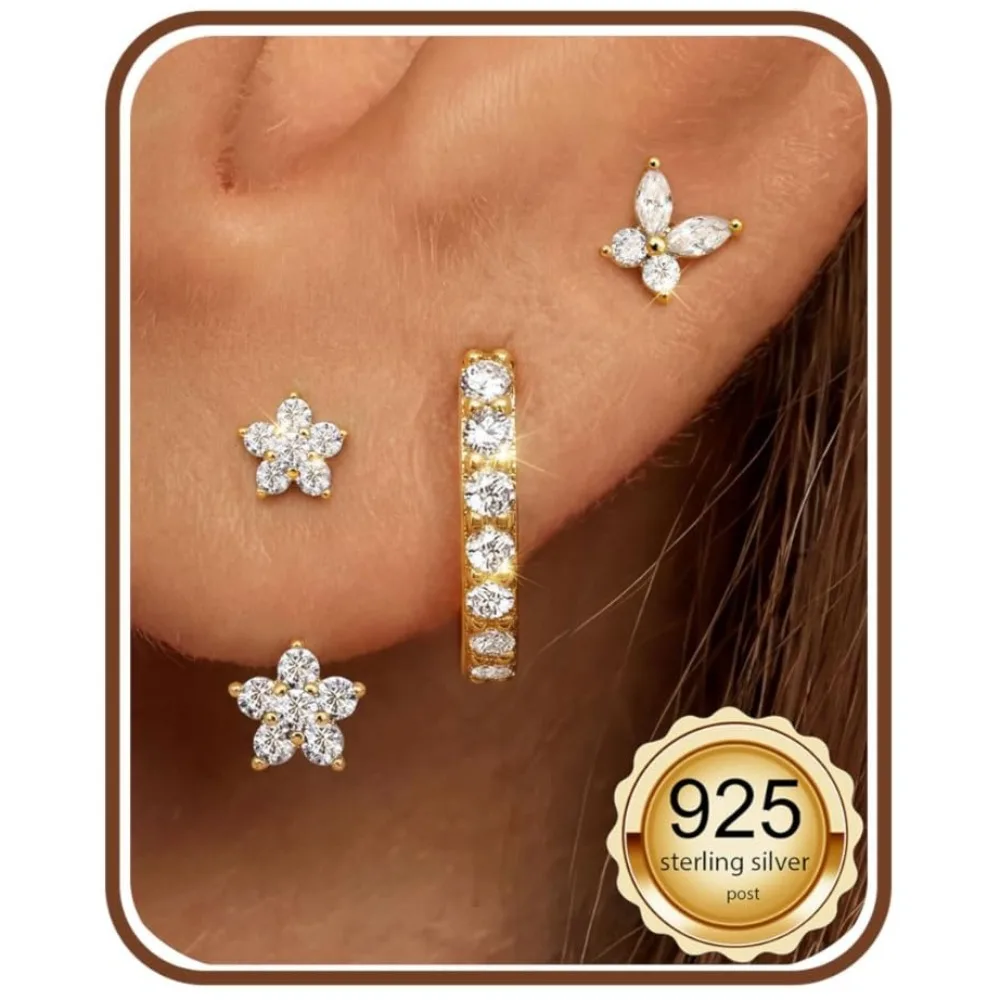 

Drperfect 3Pairs Sterling Silver Stud Hoop Earrings for Women 14K Gold Plated Earrings Dainty Stud Hoop Earrings Sets Piercings