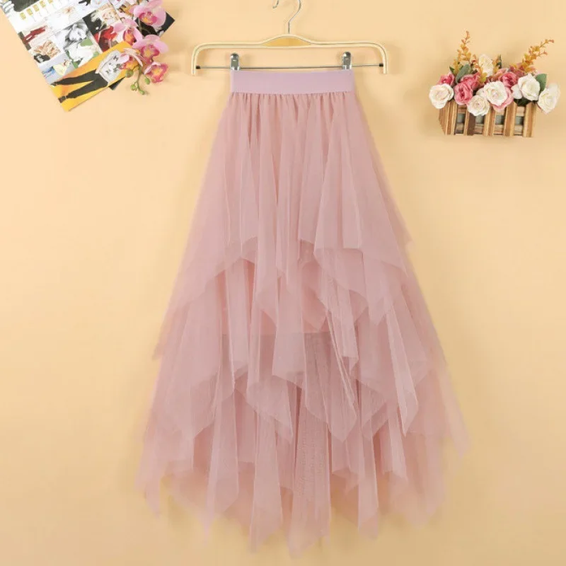 Women Gauze Irregular Skirt Female Students Korean Fairy Pleated Skirt  Long Gauze Skirts Tulle Ladies  A-line Voile Dance Dress