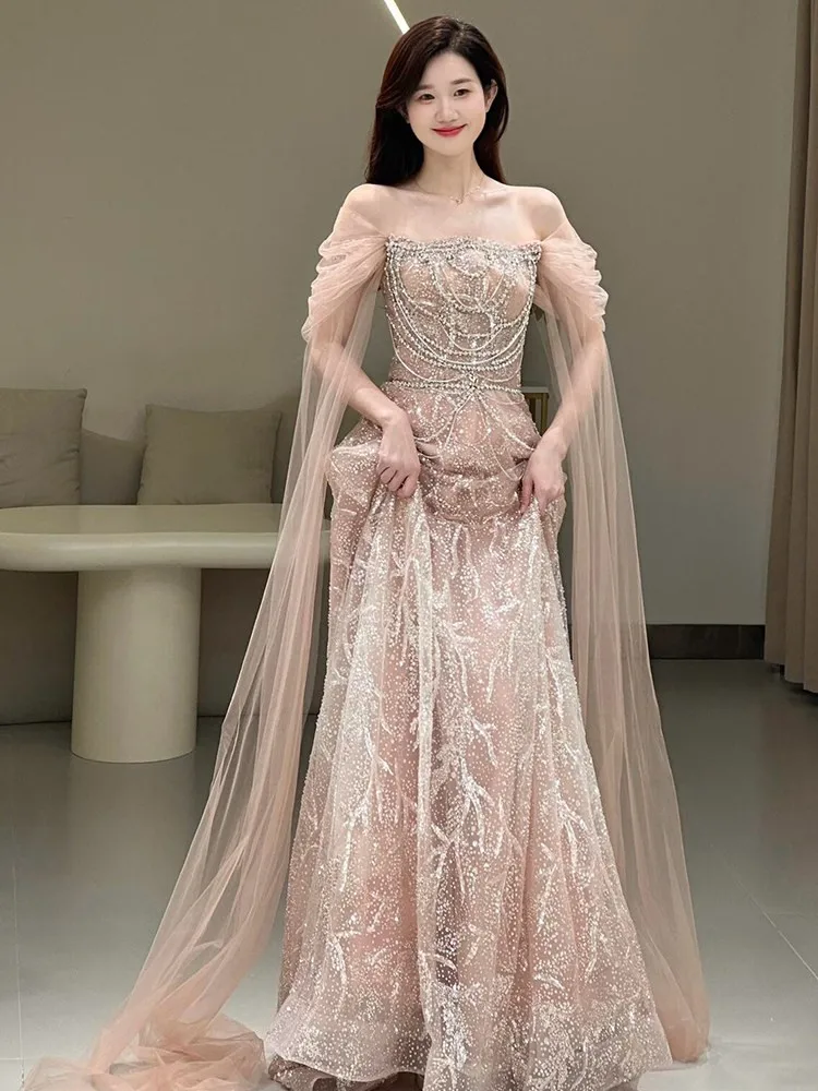 A new pink light luxury and niche adult dress for toasting hosting