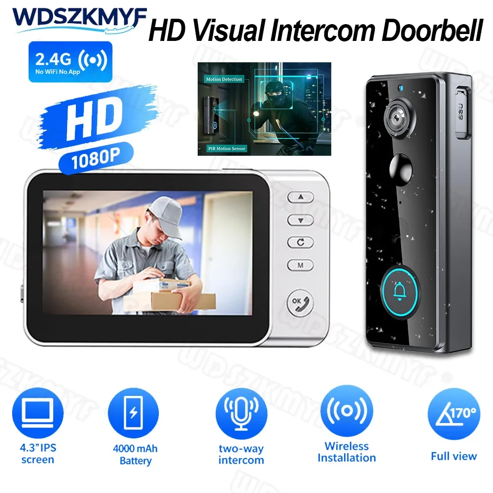 Wireless Doorbell Camera 1080P HD 4.3'' Screen 170° Wide Angle IP65 Waterproof PIR sensor Home Security Door Bell for Office
