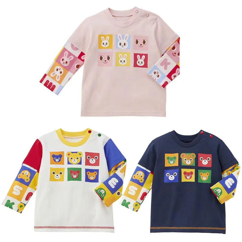 Baby Cute Kids Wear Boys Girls Cartoon Bear Letter Patchwork Faux Layered Long Sleeve Tshirt Inner Top Comfortable Stylish