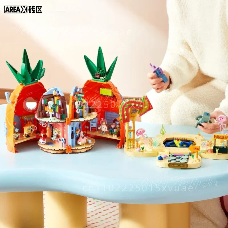 AREAX SpongeBob SquarePants Pineapple House Building Street Scene Party Children's Puzzle Toy Model Assembly Building Block Gift