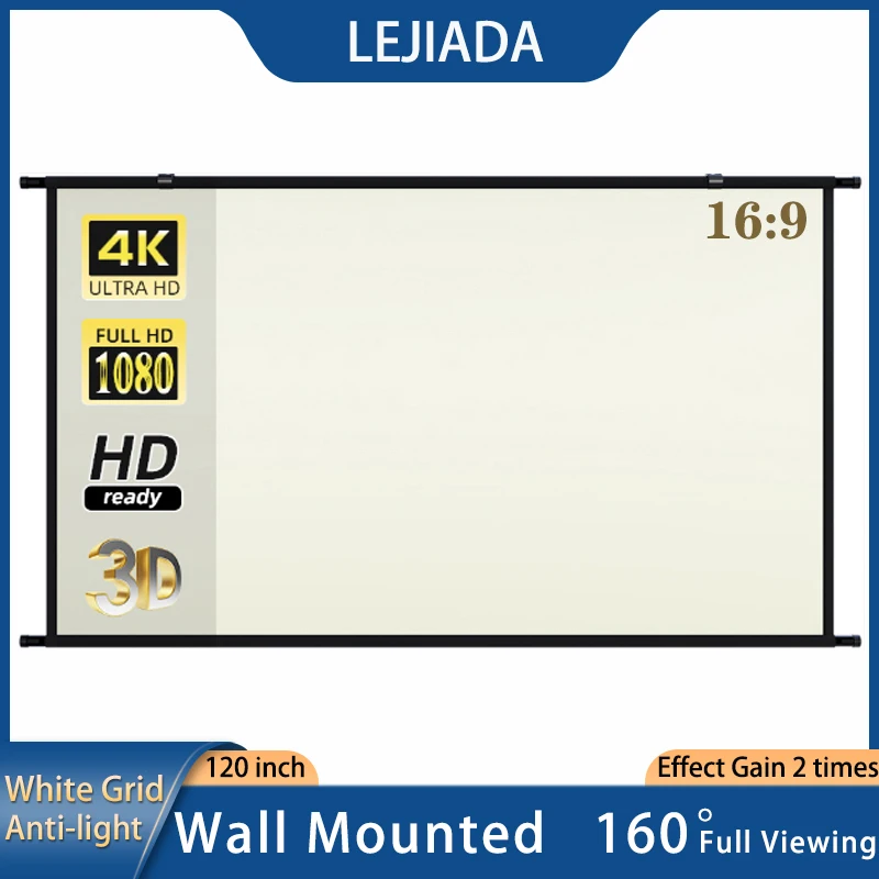 

LEJIADA Projector Screen Wall Mounted 120 inch White Grid Anti-Light 16:9 160 ° Viewing Angle Screen for Indoor Outdoor Movie