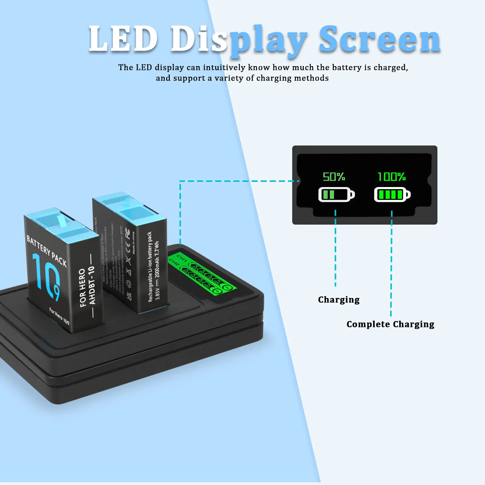 2000mAh Akku batterie + LCD Dual Ladegerät dla GoPro Hero 9 /Hero 10 AHDBT-901