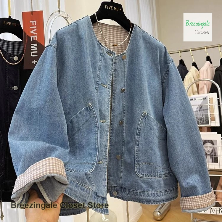 

Korean plus size loose retro casual round neck short denim jacket women's spring and autumn high sense unique beautiful jacket