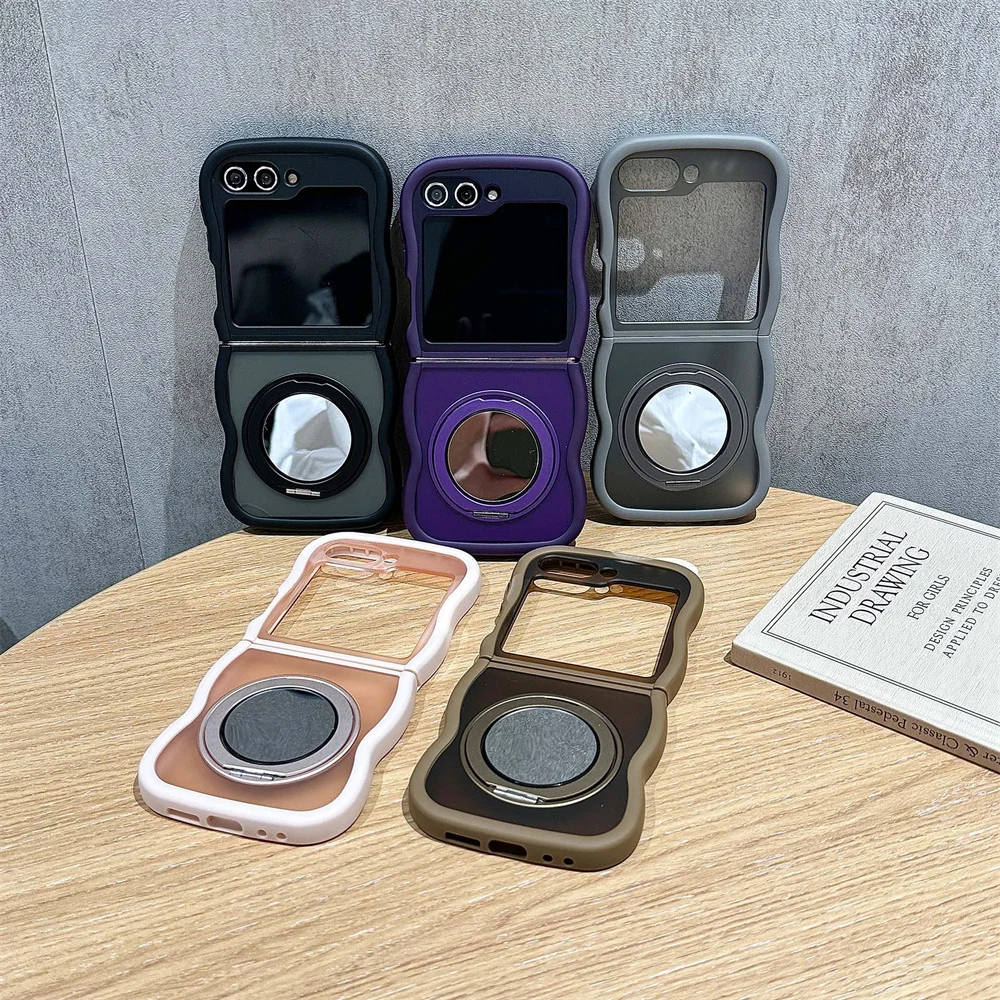 

360° Rotated Mirror Ring Holder Stand Curly Wavy Frame Cover For Samsung Galaxy Z Flip 6 5 4 3 For Magsafe Magnetic Phone Case