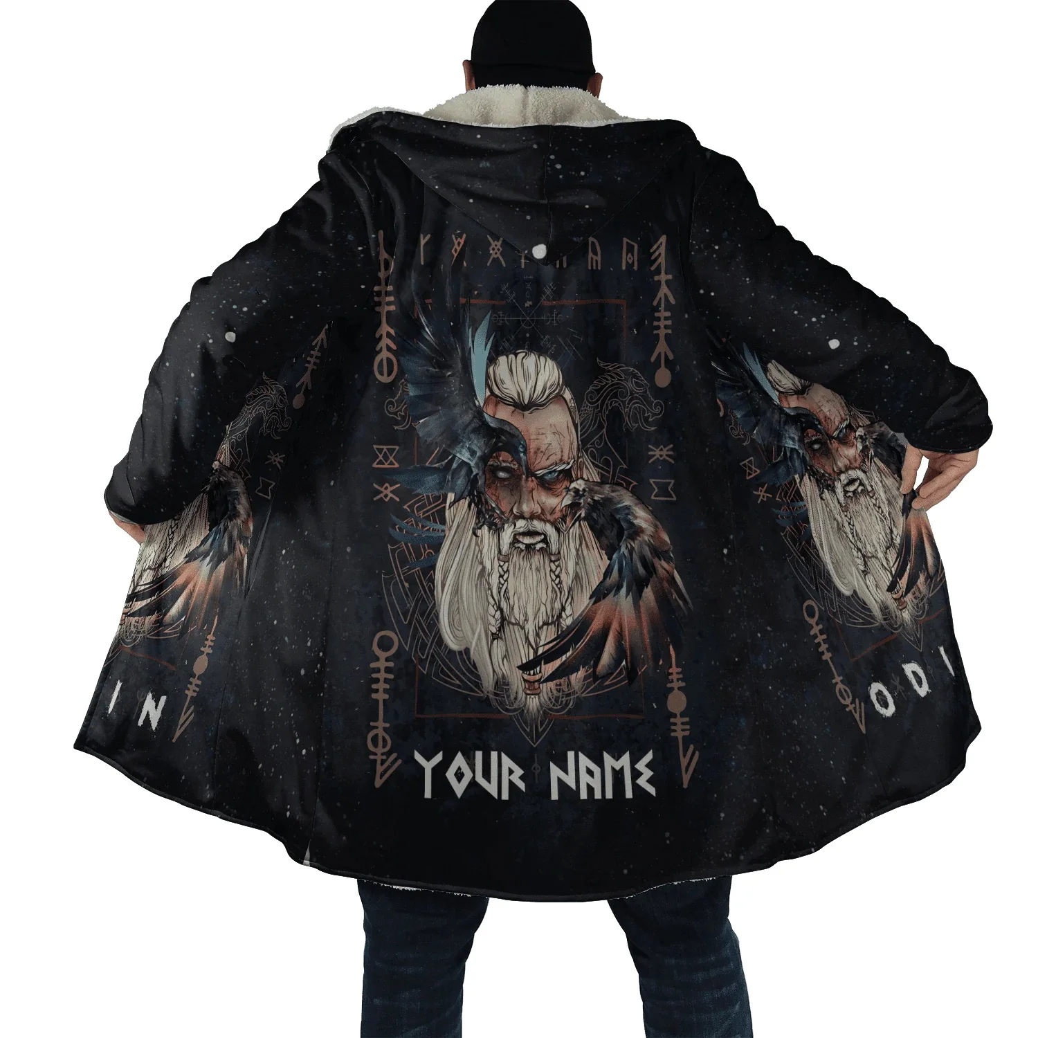 Inverno moda uomo mantello Norse Odin Raven Tattoo 3D stampato cappotto con cappuccio in pile spesso Unisex Casual Warm Cape Coat DP23