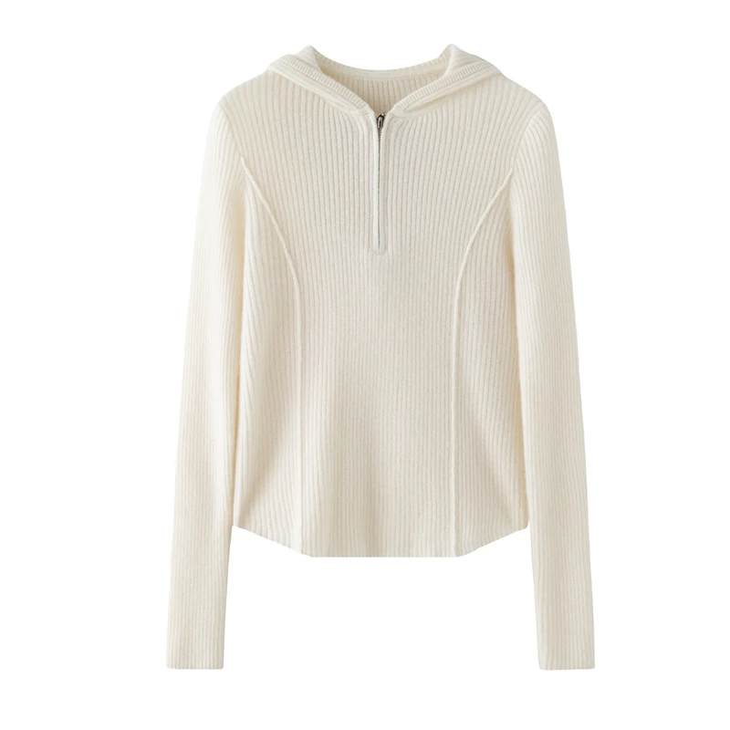 

Women Autumn Winter Cashmere Sweater Hooded Half Zipper Pullover Slim Fit 100% Cashmere Knitwear Threaded Jacquard Soft Clothing