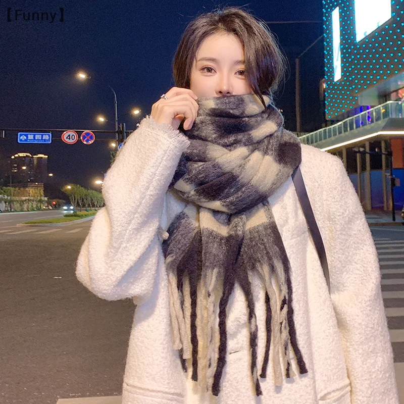 maveraFunny vauasPlaid Cachecol Feminino Inverno Novo Estilo Quente Versátil Xale High-end Imitação de Cashmere Lenço de Pescoço Grosso Versão Grande