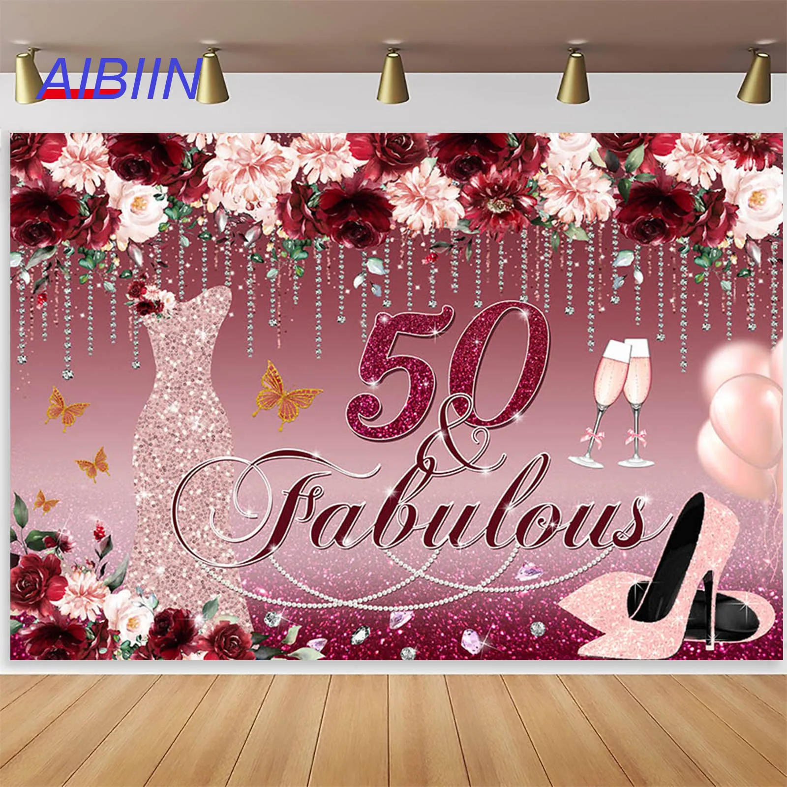 Burgundy Happy 50th Birthday Backdrop for Women Diamond Dress Heels Photography Background 50 Year Portrait Party Decor Poster