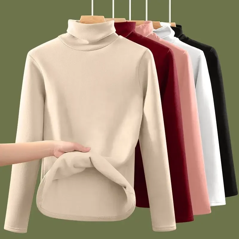 Kaos Wanita Musim Gugur Musim Dingin Tebal Hangat Lengan Panjang Kerah Setengah Tinggi Pakaian Dalam Termal Pakaian Wanita Termal