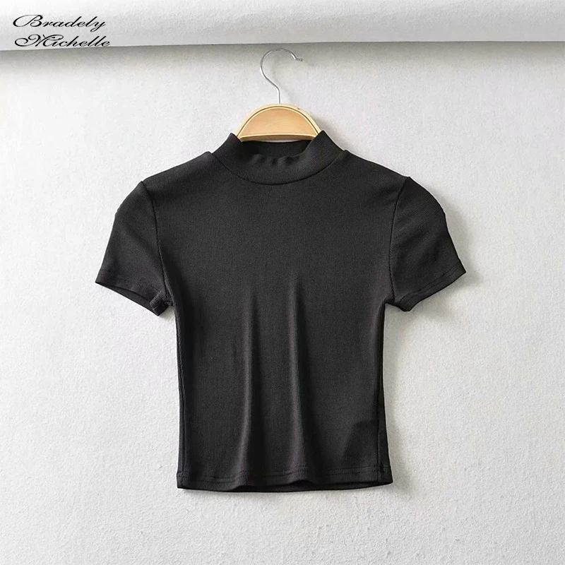 Bradely Michelle Fashion Sexy Summer Woman Slim Fit T-shirt Tight Cotton Short-Sleeve Turtleneck Tee Crop Tops