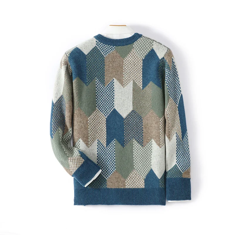 سترة رجالية من الصوف الخالص 100% برقبة دائرية وسهم ريترو كتلة ألوان قاعدة بلوفر كتلة ألوان غير رسمية من الصوف الناعم تريكو