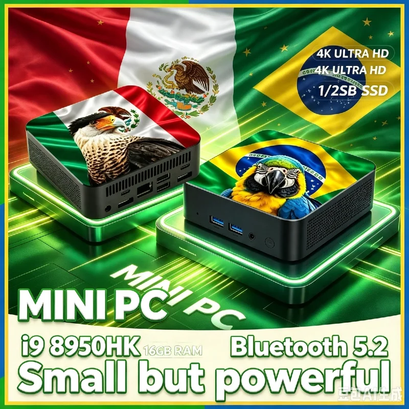 New Arrival 2026 Mexico Brazil Flag Mini PC i9‑8950HK 16GB RAM 2TB SSD 4K UHD Output Portable High‑Performance Gaming Desktop