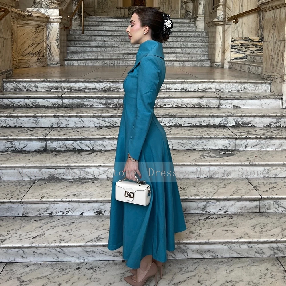 Party Dresses Midi Long Sleeves A Line Light Blue Elegant Cocktail Gowns for Women 2025 Tea Length Buttons Wedding Prom Dress image 5