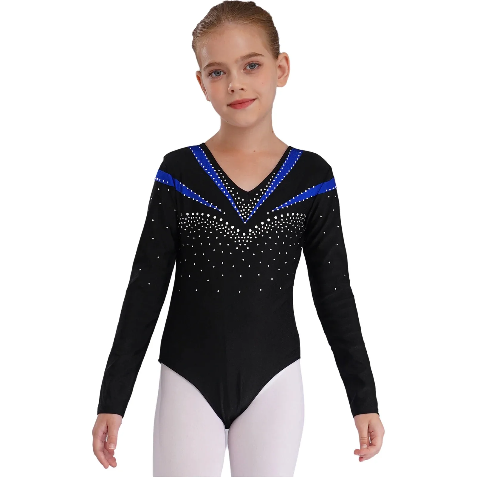 Kids Girls Gymnastics Swimsuit for Ballet Dancing Long Sleeve V Neckline Shiny Rhinestone Slim Fit Figure Skating Dance Leotards