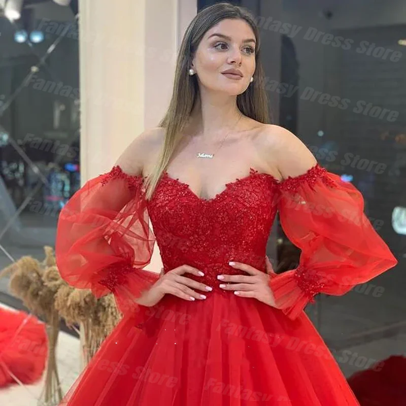 Temperament Red Sweetheart Tulle Decal Prom Dresses A-line Off Shoulder Long Sleeve Ruffled Robe Evening Dresses For Women