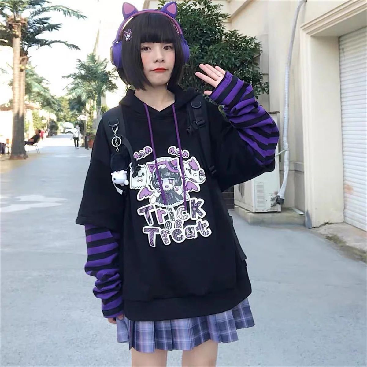 Cute Harajuku Patchwork Hoodie Streetwear Hip Hop Women Sweatshirts Casual Autumn High Street Tops Funny Harajuku Striped Hoodie