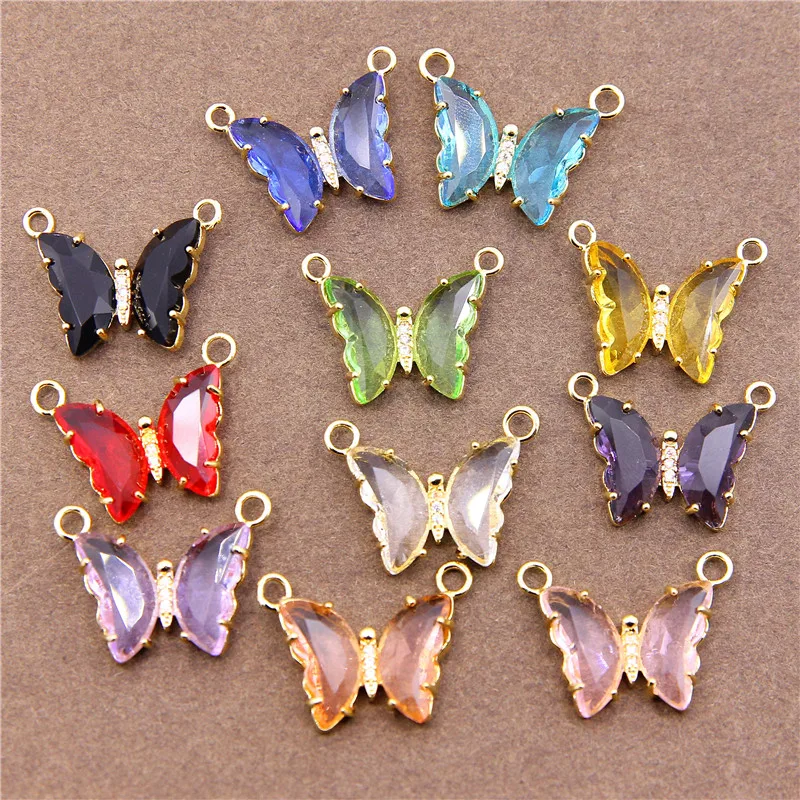 2pcs Copper plated 14K Gold crystal glass zircon double hanging Butterfly Pendant DIY Earring Necklace accessories material