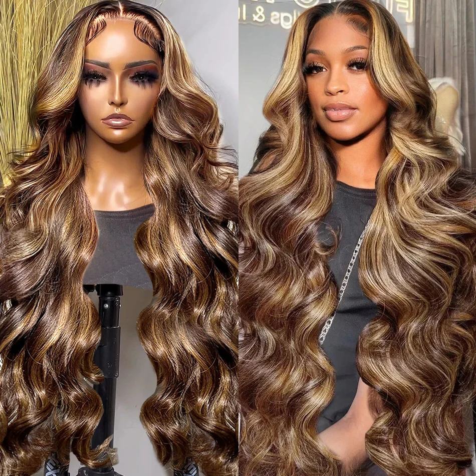 200Density Colored Highlight Body Wave 13x6  Lace Frontal Human Hair Wigs 30 inch Honey Blonde   Body Wave Frontal Wig For Women