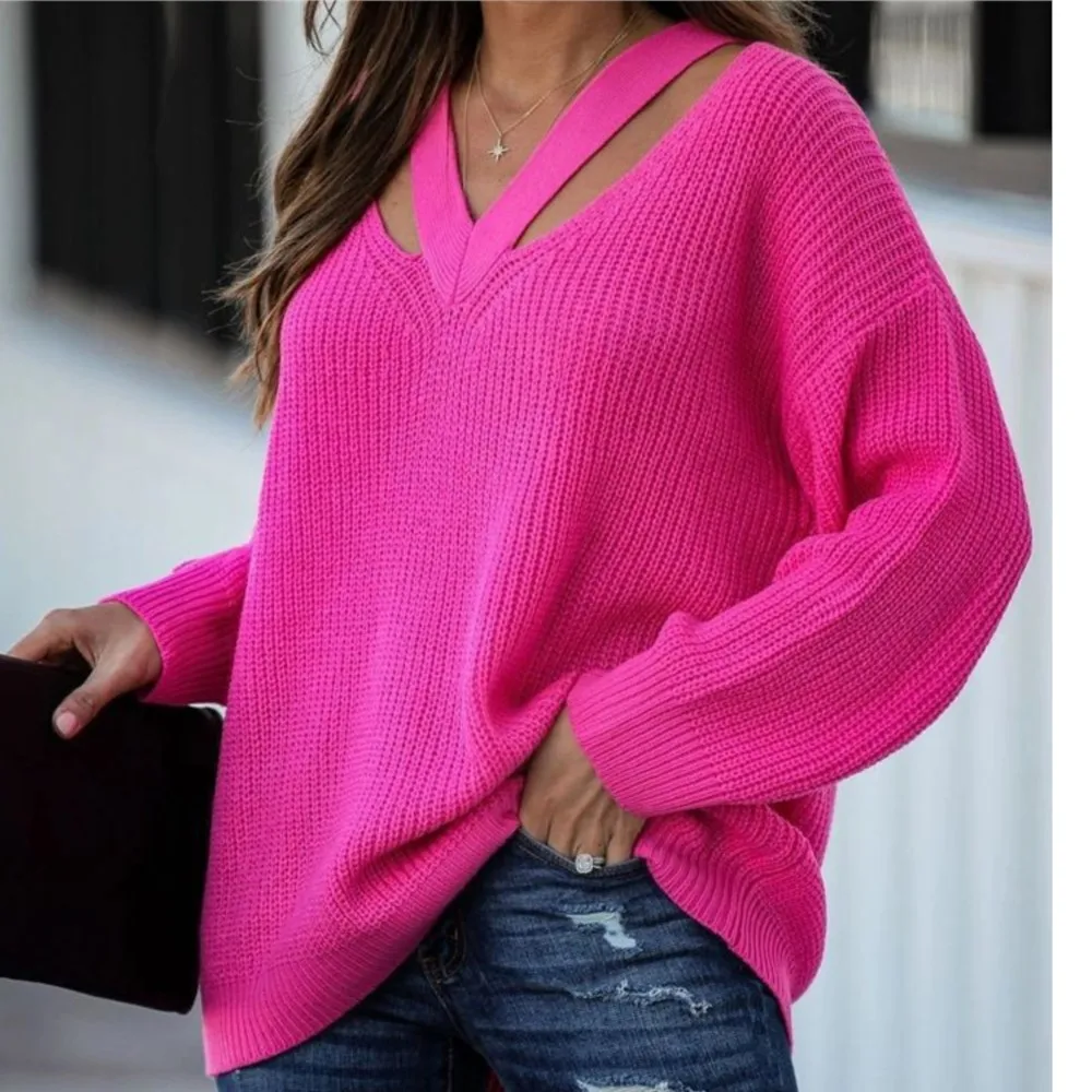 2025V Neck Casual Women Pulovers Sweaters Knitted Loose Fashion Solid Color Autumn Winter Simple Outerwears Clothing Pull Femmes