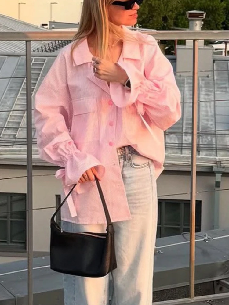 

Tossy Casual Striped Shirts Coat Female Lapel Flare Sleeves Loose Patchwork Lace-Up Commuting Contrast Clothes For Women Shirts