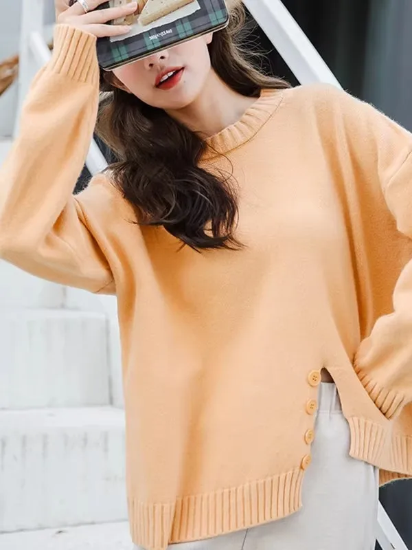 

Женский свободный вязаный свитер с высоким воротником, повседневный цвет, весна-осень-зима, удобный теплый модный свитер с открытым разрезом