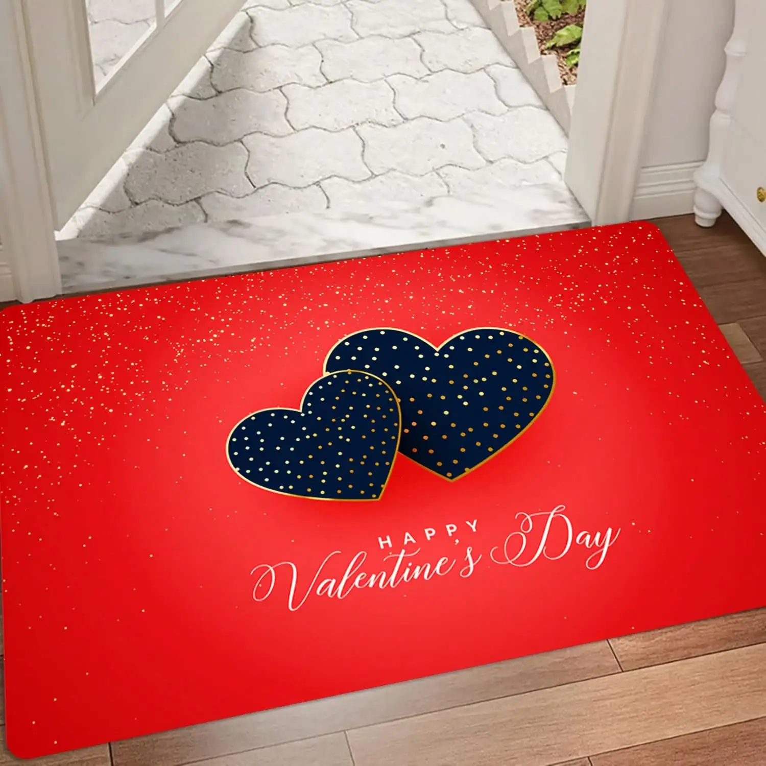 Valentine's Day Love Heart Area - Soft Flannel, Non-Slip & Washable, Red With Sparkling Stars And Interlocking Hearts Design, Living Room, Bedroom, Kitchen, And