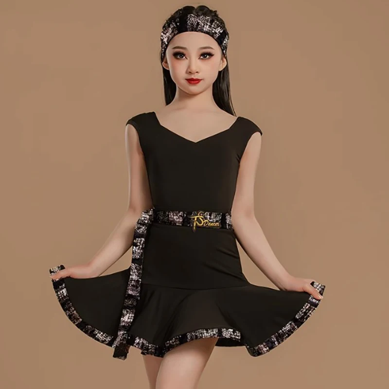 

Kids Girls Professional Latin Dance Practice Skirt Black White Backless Dancewear Costume Cha Cha Performance Dresses for Women