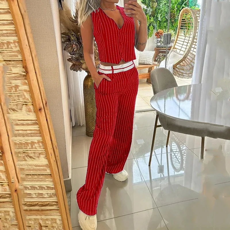 Striped Vest Top & Cuffed Pants Set Women Pant Sets Two Piece Suit Single Breasted V Neck Midi Waist Trousers Suits Pockets