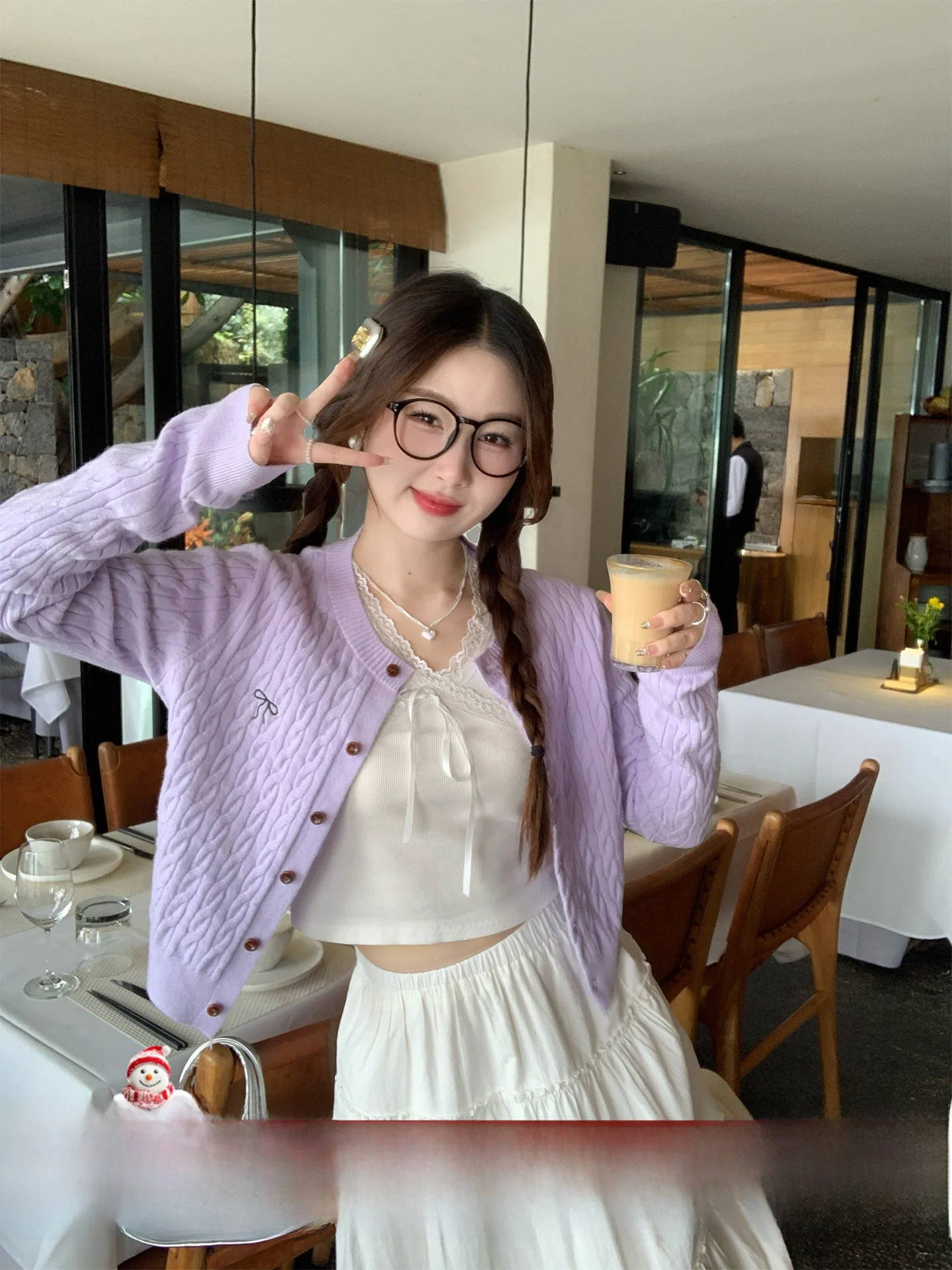 

Purple Knitted Open Cardigan Women's Outerwear Spring Autumn Faion Knot Design Soft Polyester Blend Long Sve