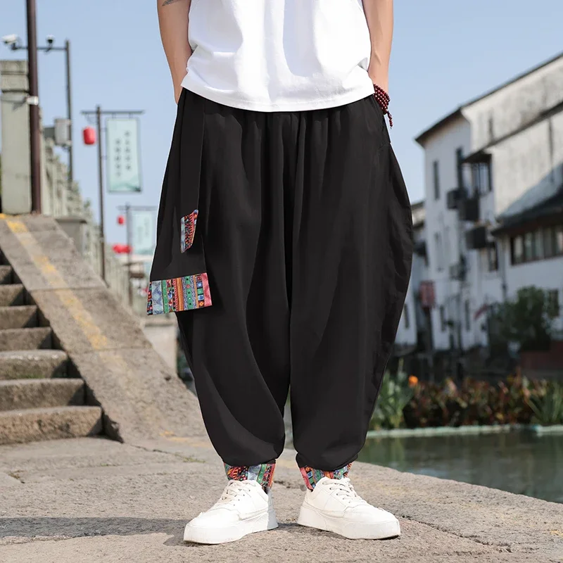 2024 Chinese Style Men's Retro Wide Leg Pants Loose Plus Size Trendy High Street Fashion Cotton and Linen Pants Hombre Leggings