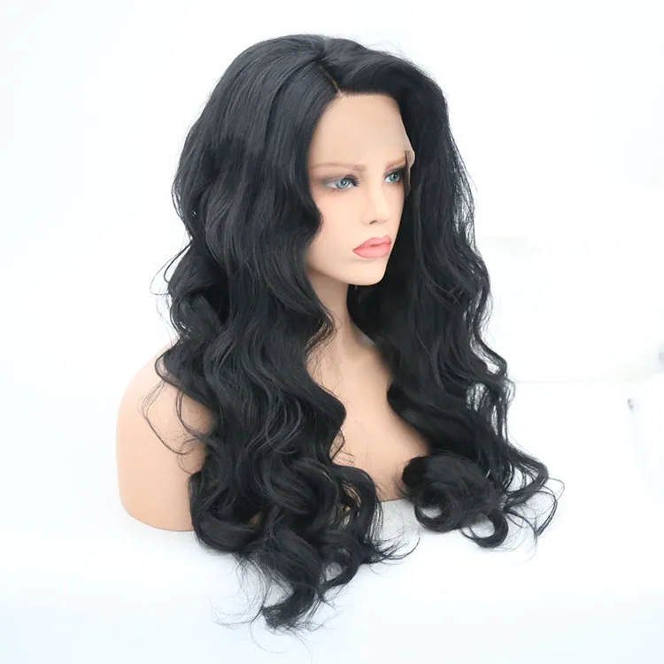 #1 Dark Black Color Natural Hairline Glueless 13x4 Lace Front Synthetic Hair Wigs for Women Long Transparent Body Wave Wigs