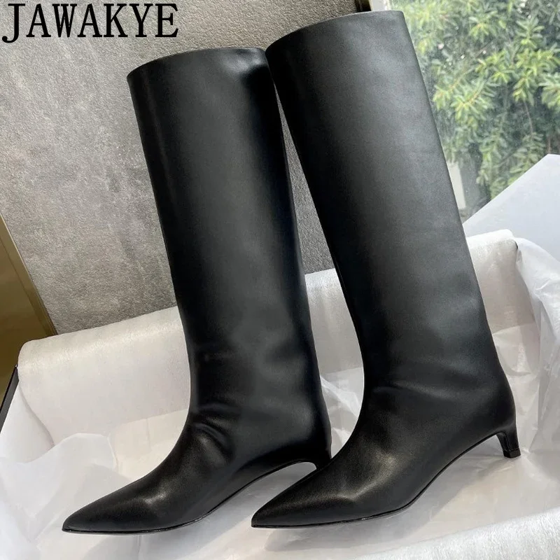 New Real Leather Kitten Heel Knee High Boots Women Pointed toe Punk Long Boots Woman 2022 Winter Sexy Fashion Runway Boots Mujer