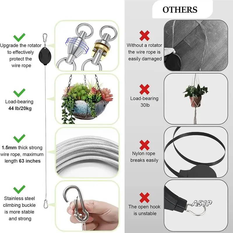 

3-Piece Heavy-Duty Retractable Plant Hanger Adjustable Hook Bird Feeders And Grow Lights