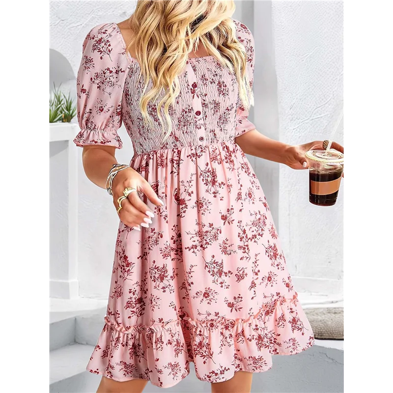 ABP-Vestiti estivi casual da donna Manica corta Collo quadrato Smocked Boho Floral Sundress Flowy A-Line Mini abito
