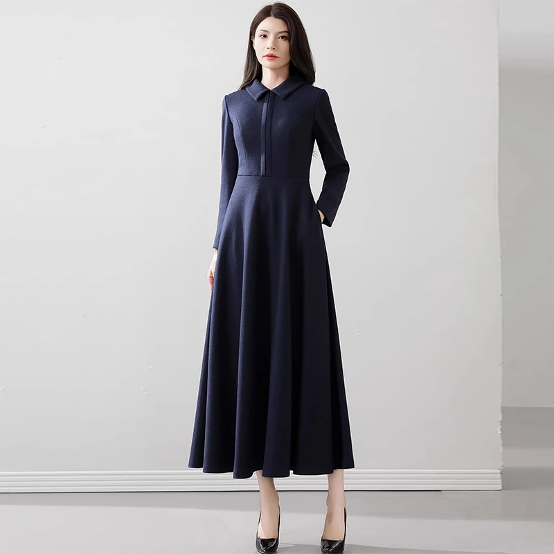 

Autumn Winter New Style Slim Fit Long Sleeve Woolen Dress Elegant Simple Solid Color Long Gown Floor-Length A-Line Skirt2025